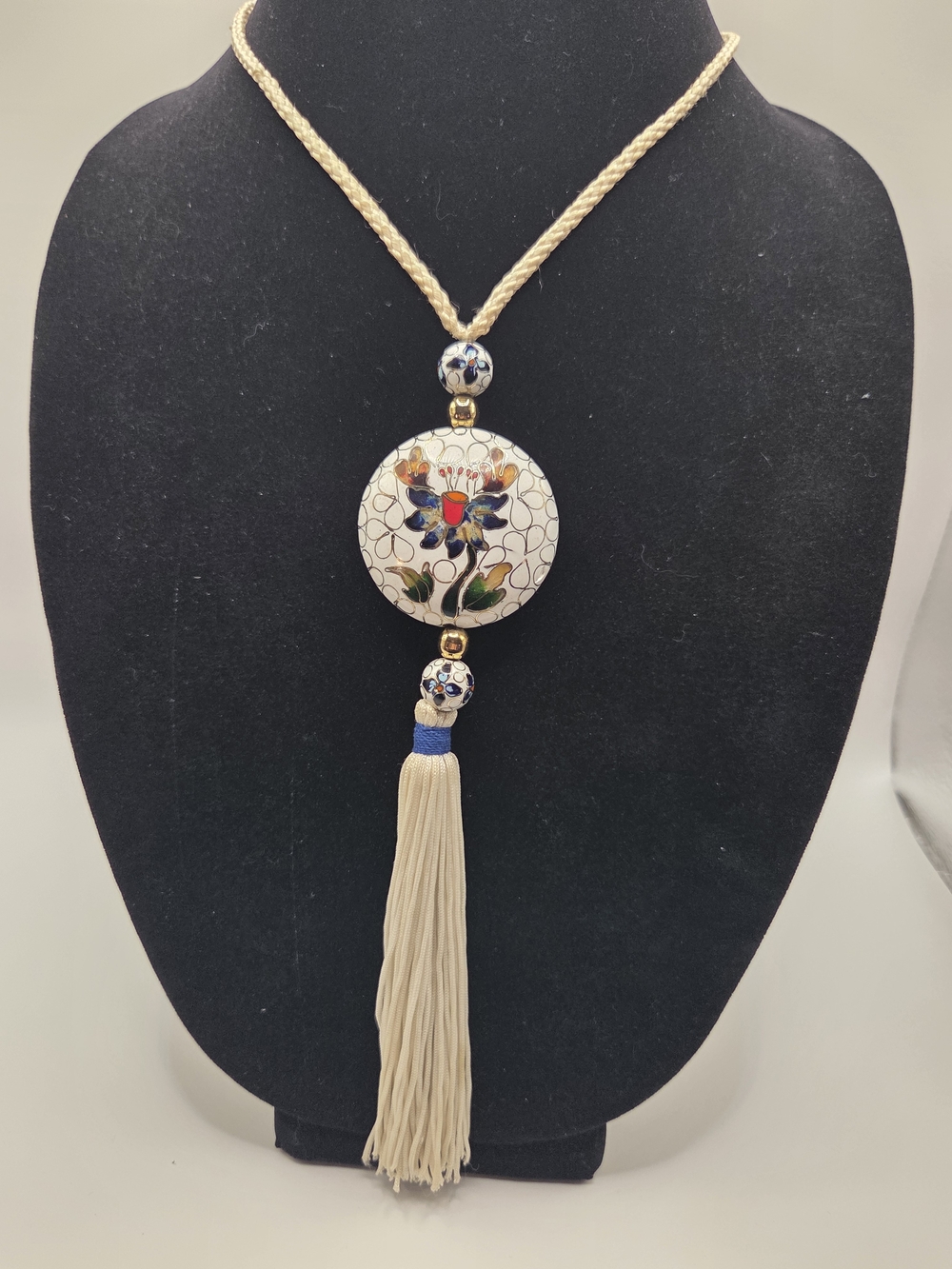 1561. Vintage White Butterfly Cloisonne Pendant With Tassel
